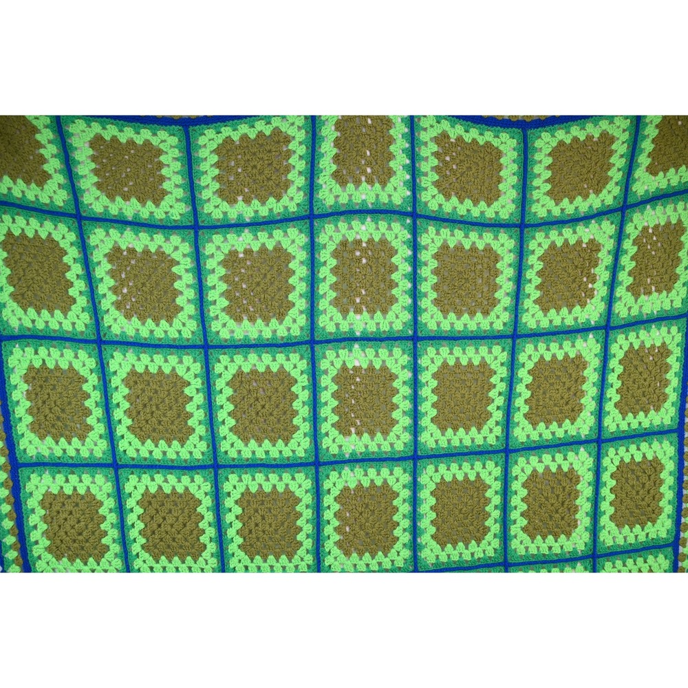 Vintage Green Granny Square Crochet Blanket Afghan 65x76 Boho Throw
